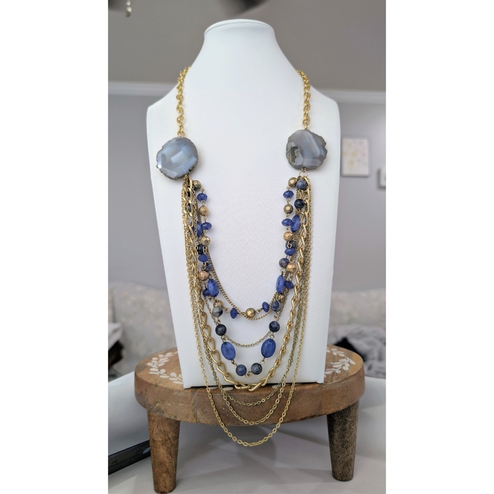 Vintage Blue Lace Agate Sodalite Stone Multi Strand Drop Gold Necklace 28" LT66
